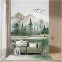 Forest Wallpaper Mural Sage Green Woodland Mountains Self-Adhesive Peel and Stick Wallpaper Rustic Nature Landscape Pine Tree Wall Decor Removable Contact Paper for Wall 59"X78.7"