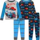 Hot Wheels 4 Piece Boys Pajama Set - Long Sleeve Shirt & Pants Soft Tight Fit PJs, Kids Toddler Sleepwear - Official License, 4, Blue