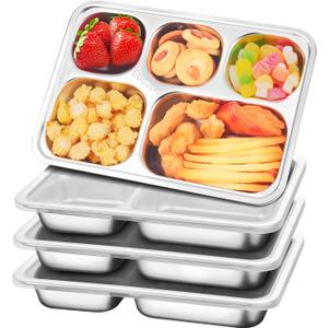 Dualshine 4 Pack Stainless Steel Snack Containers Metal Bento Box with Lids 5 Compartments Bento Lunch Box Reusable Adult Lunchable Containers Snack Container for Home Travel