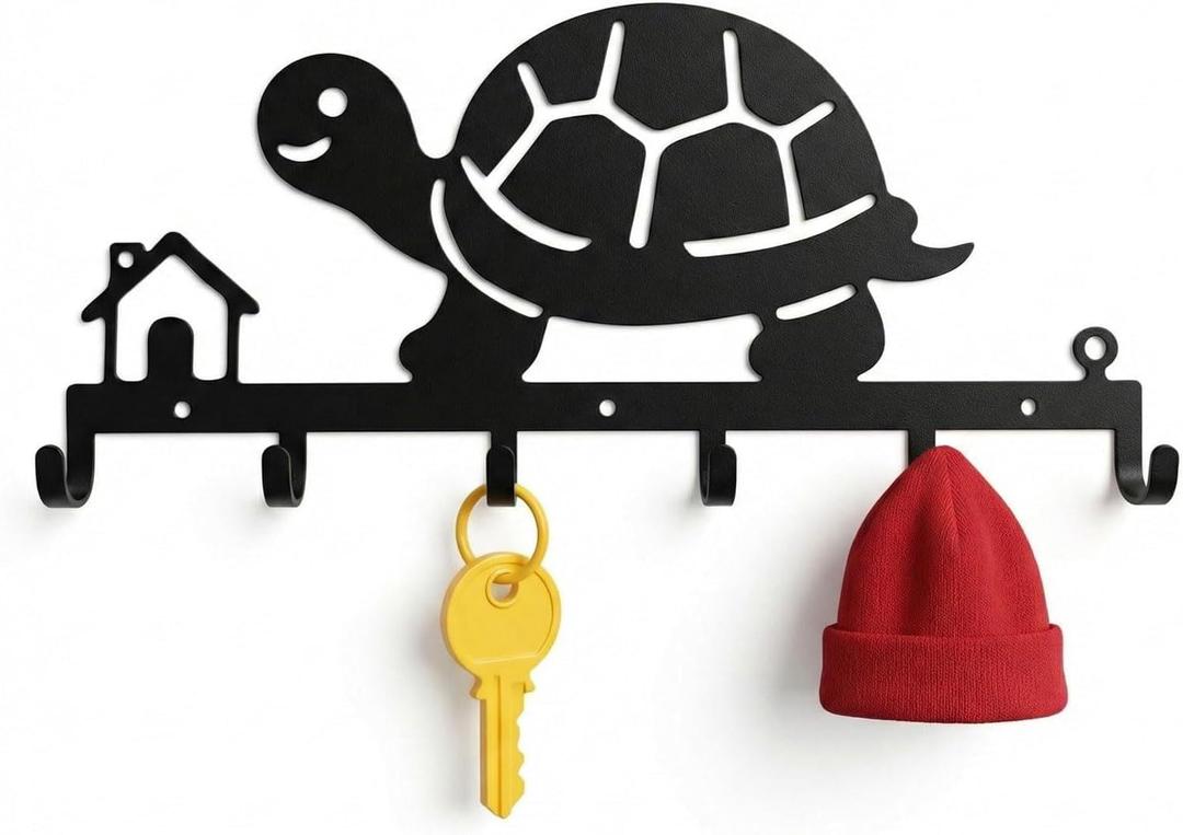 Turtle Wall Hook & Key Holder, Black, 13.2 Inch | 6 Hooks, Wall Mount, Kids Key Organizer, Metal, Entryway Key Rack