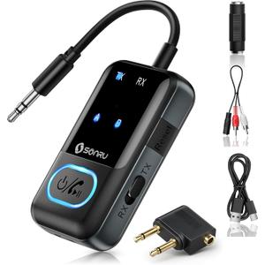 SONRU Bluetooth 5.3 Transmitter Adapter for Airplane 2-in-1 Wireless Bluetooth Audio Transmitter Receiver for 3.5mm Aux Jacks on Flight/TV/Gym Equipment, for up to 2 Wireless Headphones, Cell Phones (Black)