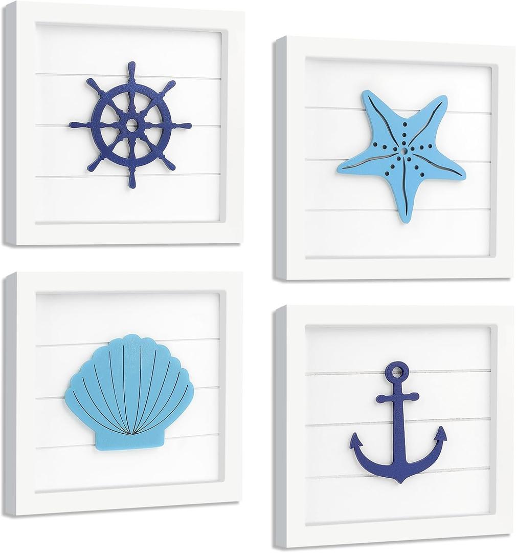 Fangoo 4Pcs 3D Nautical Wall Decor Anchor Ship Wheel Seashell Starfish Rustic Beach Theme Home Decor Coastal Room Wall Decorations Ocean Wall Art for Bathroom Bedroom House Nautical Gifts