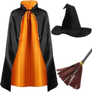 Boyiee 3 Pcs Kids Witch Costume Reversible Cape Wizard Hat Broom Wizard Vampire Cloak for Carnival Mardi Gras World Book Day (Orange, Black)