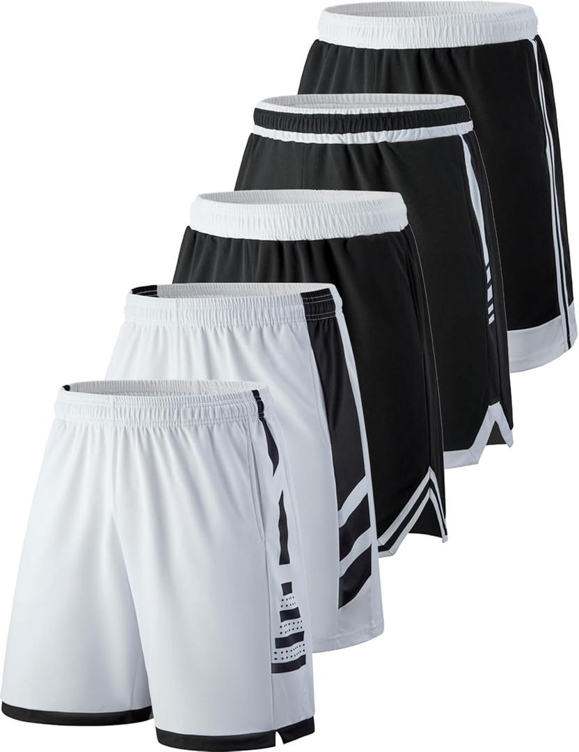 Liberty Imports 5 Pack Men's Quick Dry Athletic Basketball Shorts 9" Inseam with Pockets, Activewear for Workout Gym Running, Size: Small (Black/White)