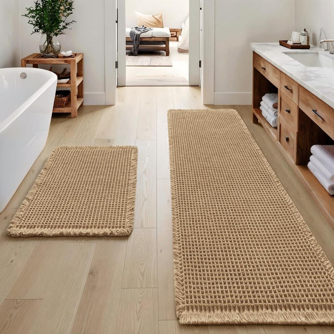 MIULEE Set of 2 Waffle Bathroom Rugs, Boho Bath Rugs Non Slip Washable, Super Absorbent Bath Mats, Ultra Soft Rubber Backed Shower Mats for Bathroom Floor, Tub, Brown, 17"x24"+20"x47"