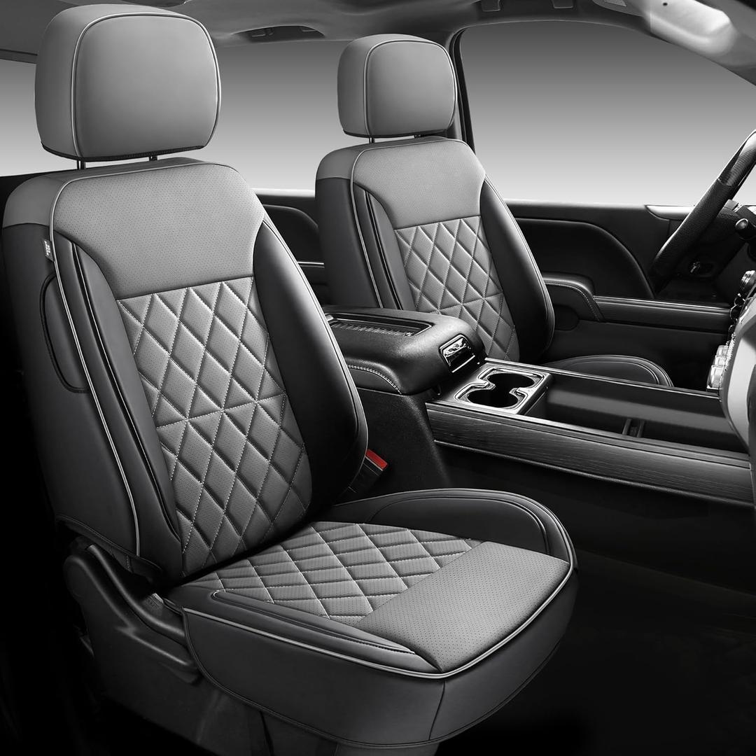 Custom Napa Leather Seat Covers for Chevy Silverado & GMC Sierra Crew Cab, 46-Split Flat Rear Bench Design, Compatible with 2019-2026 1500 and 2020-2026 2500HD 3500HD(Full Set, Black&Gray)