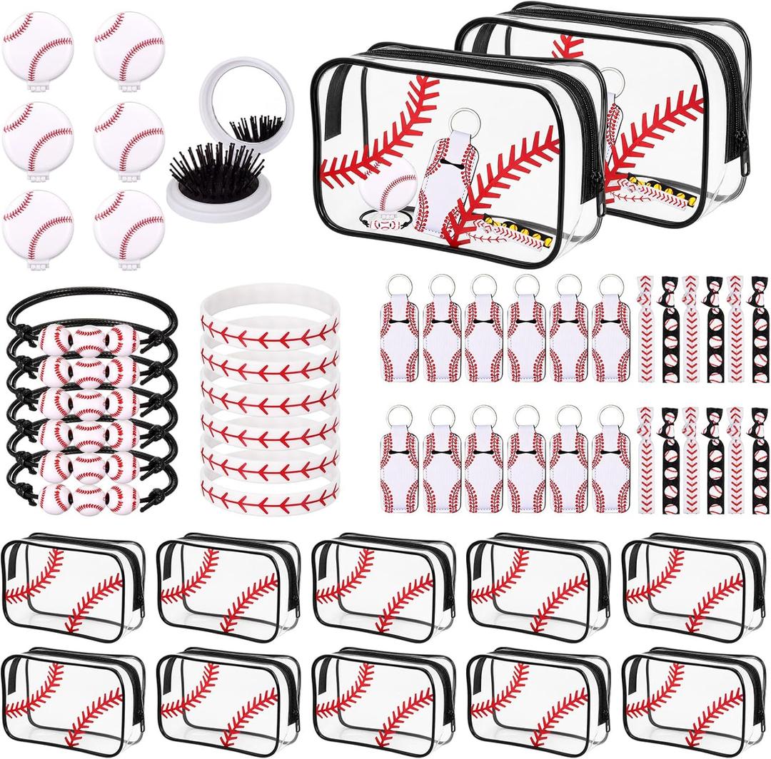 Remerry 60 Pcs Baseball Gifts Makeup Bag for Women Party Team Gifts with Sport Hair Ties Folding Mirror Hair Brushes Bracelets Lip Balm Holder Keychain