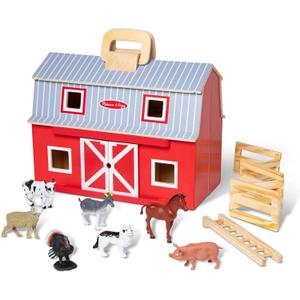 Melissa & Doug Fold and Go Wooden Barn with 7 Animal Play Figures - Farm Animals Barn Toy, Portable Toys, Farm Toys for Kids and Toddlers Ages 3+