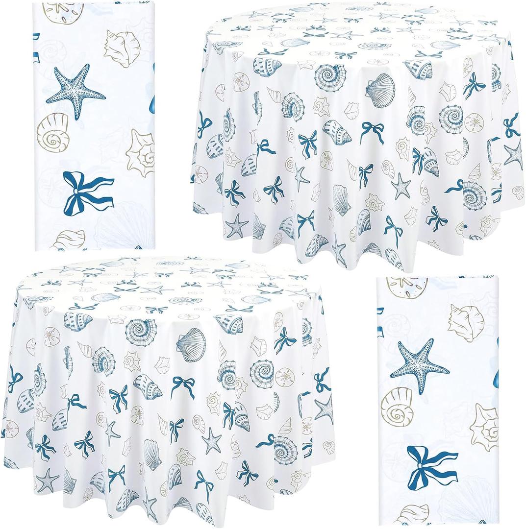 Chumia 2 Pcs Coastal Tablecloth White and Blue Bachelorette Tablecloth Disposable Plastic Waterproof Table Covers Dinner Party Setting Floral Wedding Bridal Home Party(Round Shell)