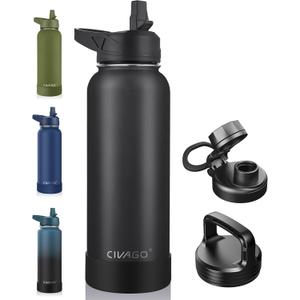 CIVAGO 40 oz Insulated Water Bottle With Straw, Stainless Steel Sports Water Cup Flask with 3 Lids (Straw, Spout and Handle Lid), Double Walled Travel Thermal Canteen Mug, Midnight Black