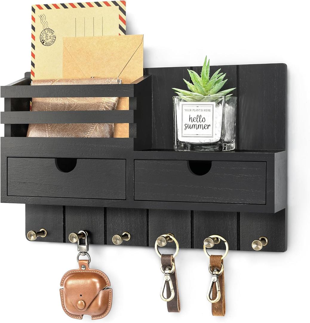 Rebee Vision Decorative Key Holder Wall Mount with 2 Drawer Organizer - Modern Mail Organizer with 6 Key Hooks & Shelf - Home Decor Aesthetic for Apartment Essentials (Black)