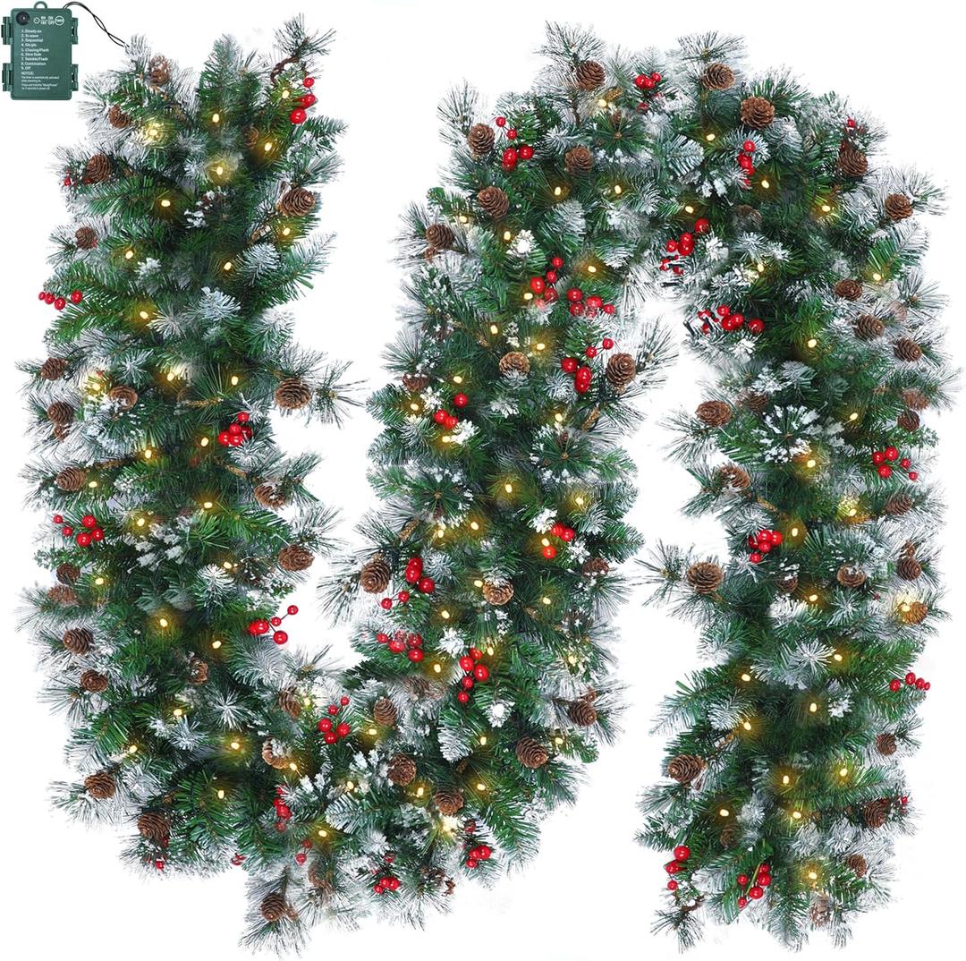 Brightown Christmas Garland with Lights, 9ft 100LED Battery Operated Garland Decorated with Pine Cones, Berry, 8 Light Modes & Timer, Indoor & Outdoor Christmas Lights for Stairs Fireplace Door Fences