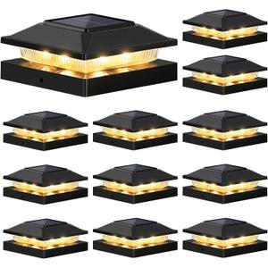 Brightever 4x4 3.5x3.5 Solar Post Cap Lights 12-Pack, Outdoor Solar Powered Fence Post Lights, Black Solar Waterproof Deck Post Lights for Vinyl/Wood Posts, Warm/Cool White, Perfect for Garden Patio