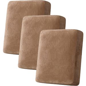 H.VERSAILTEX Velvet Stretch Couch Cushion Cover Plush Cushion Slipcover for Chair Loveseat Sofa Cushion Furniture Protector Seat Cushion Sofa Cover (3 Piece Sofa Cushion Covers, Camel)