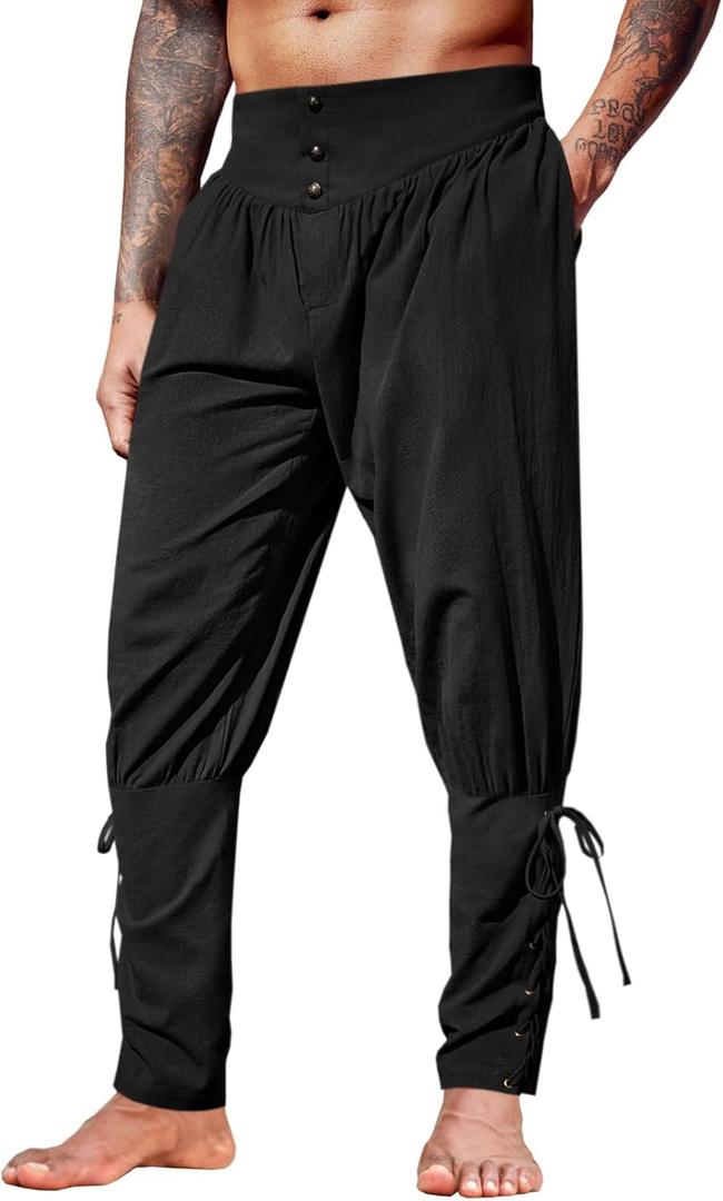 Runcati Mens Medieval Ankle Pants Renaissance Viking Pirate Lace Up Tapered Halloween Linen Costume Trousers (X-Large, Black) Runcati Mens Medieval Ankle Pants Renaissance Viking Pirate Lace Up Tapered Halloween Linen Costume Trousers (X-Large, Black)