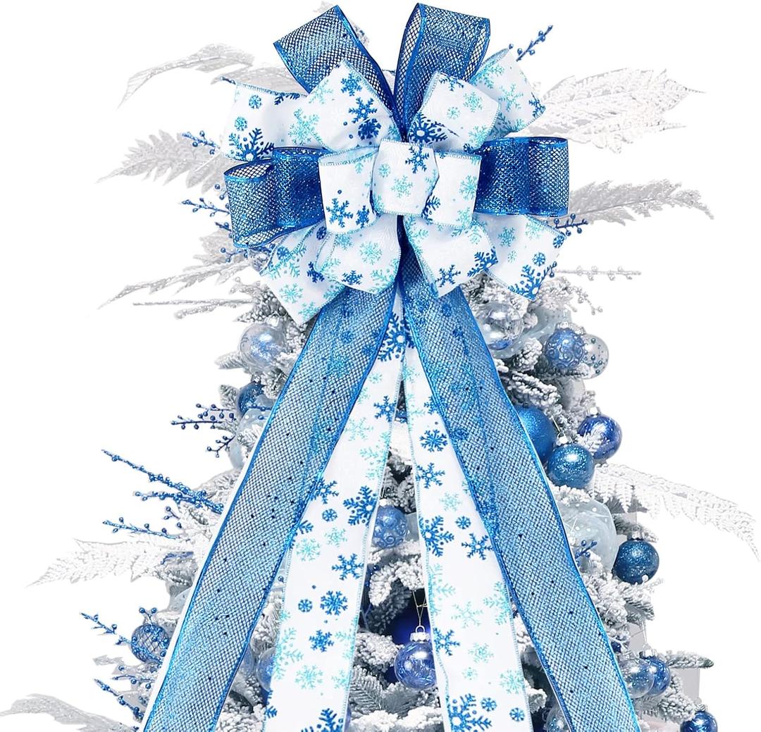 Christmas Tree Topper Bow, 44X12 Inch Artificial Xmas Tree Flower Topper Decor, for Family, Wedding, Birthday Party, Indoor Outdoor Thanksgiving Christmas Decoration - Blue/White/Snowflake.