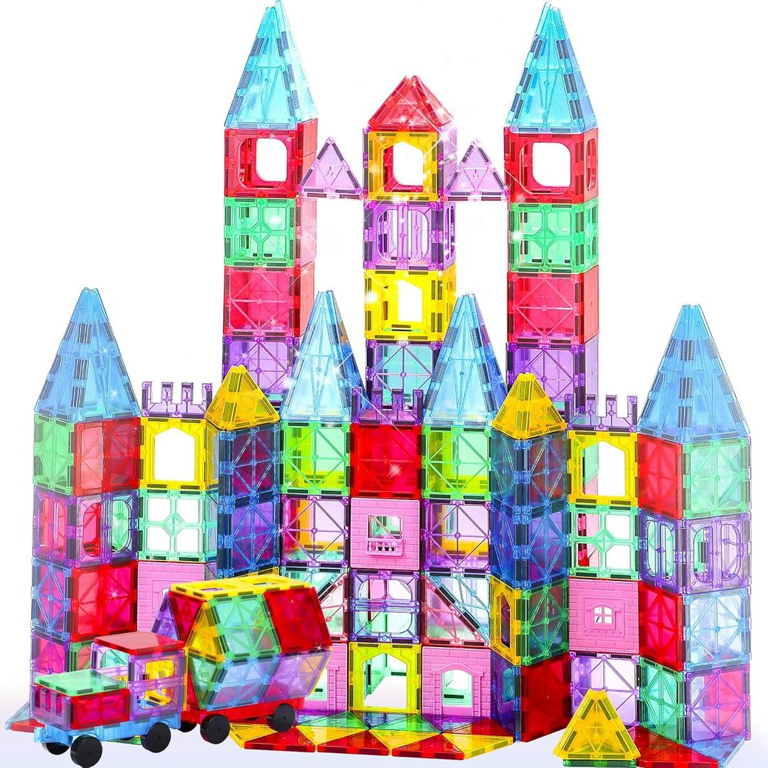 HAPPYMATY Upgraded Antibacterial Magnetic Tiles - 106 PCS Magnet Building Tiles with 2 Cars for Kids, Inhibits Bacterial Growth for Safe Play, 3D STEM Educational Construction Blocks & Xmas Gift