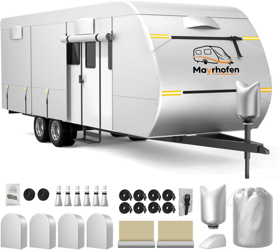 600D Oxford Fabric RV Cover 20-22ft Travel Trailer Cover, 6 Layers Breathable Waterproof Rip-Stop Camper Cover with Adhesive Repair Patches, Gutter, Tire & Additional Straps