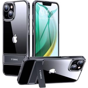 TORRAS MoonClimber for iPhone 15 Plus Case, [3 Stand Ways][Non-Yellowing] Military Grade Shockproof Protective Slim Hard Clear Phone Case with Stand 6.7'' 2022, Black