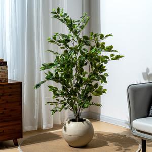 Artificial Ficus Tree Indoor 4ft, Large Potted Faux Tree with Realistic Silk Leaves & Trunk for Home Office, Living Room Corner Decor (Green)