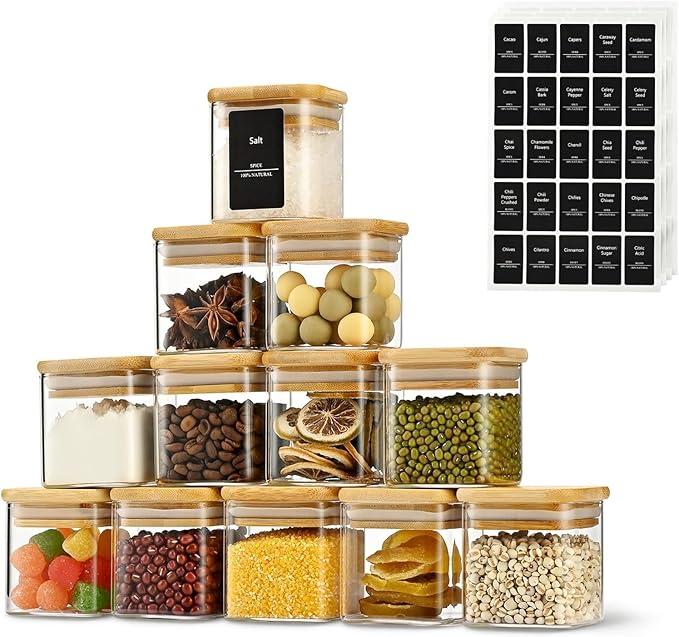 Pack of 12 Small Square Storage Jars with Stackable Square Wooden Lids, 150 ml Transparent Glass Storage Jars, Glass Containers with Lids and Labels for Various Spices, Cereal, Sweets