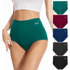 PULIOU Women's High Waisted Cotton Underwear Stretch Briefs Full Coverage Soft Breathable Panties 5 Pack (M)