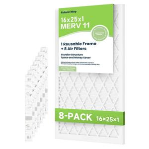 FRESHLAB 16 x 25 x 1 Air Filter for AC HVAC Furnace, MERV 11, MPR 1000, Assembly Kit with 1 Reusable ABS Frame & 8 Filters, Actual Size: 15.7" x 24.7" x 0.8