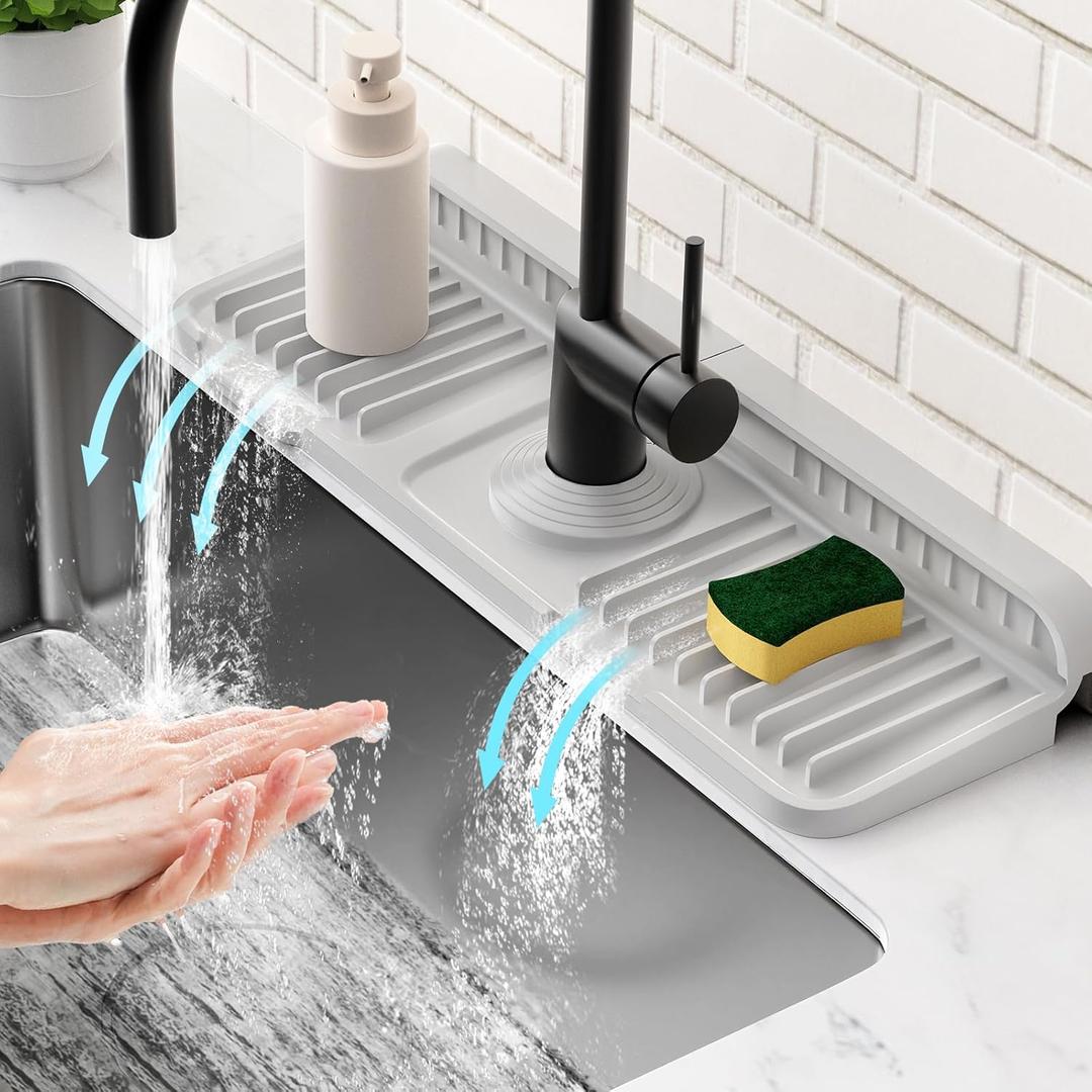 14.6 inch Faucet Mat for Kitchen Sink Splash Guard[7 Slope Fast Self-draining][Snap Lock Fit]Kitchen Sink Faucet Mat Splash Guard Kitchen Sink Area Water Splash Guard Behind Faucet Draining Mat (Light Gray)