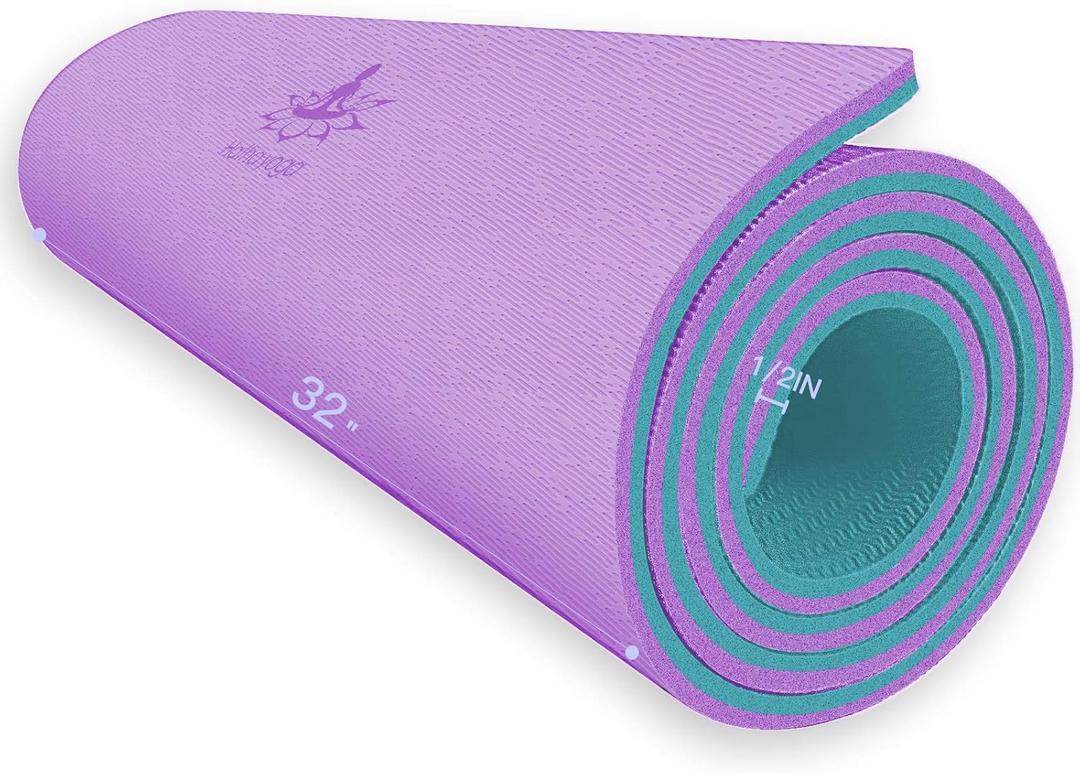 Hatha Yoga Extra Thick TPE Yoga Mat - 72"x 32" Thickness 1/2 Inch -Eco Friendly SGS Certified - With High Density Anti-Tear Exercise Bolster For Home Gym Travel & Floor Outside, Purple/Green