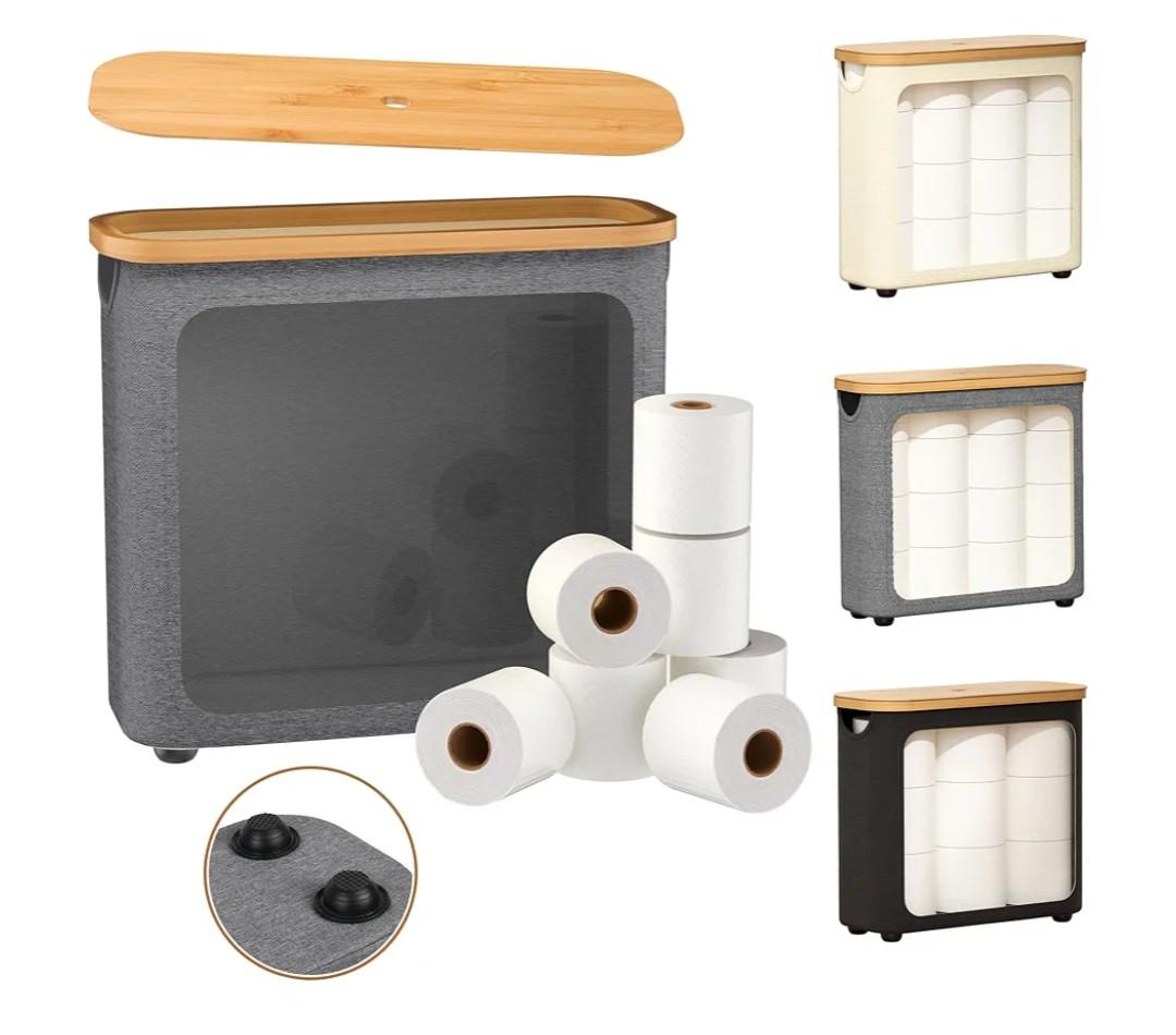 Toilet Paper Storage with Bamboo Lid,Foldable Basket Organizer for Bathroom, Holds 9 Mega/12 Regular Rolls, Waterproof Toilet Paper Holder Storage with Non-Slip Base,Gray