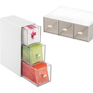Plastic Tea Bag Organizer with 3 Drawers, Desk Drawer Organizer, Stackable Storage Drawers, White Tea Box, Makeup Organizer, Clear Tea Bag Storage, Coffee Storage for Tea Bags, Sugar Packets, Cosmetic