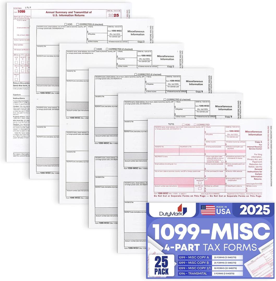 1099 MISC Forms 2025 Laser Tax Forms 4 Part Kit for 25 Individuals - Designed for QuickBooks and Accounting Software 1099 Misc 2025 (25 No Envelopes)