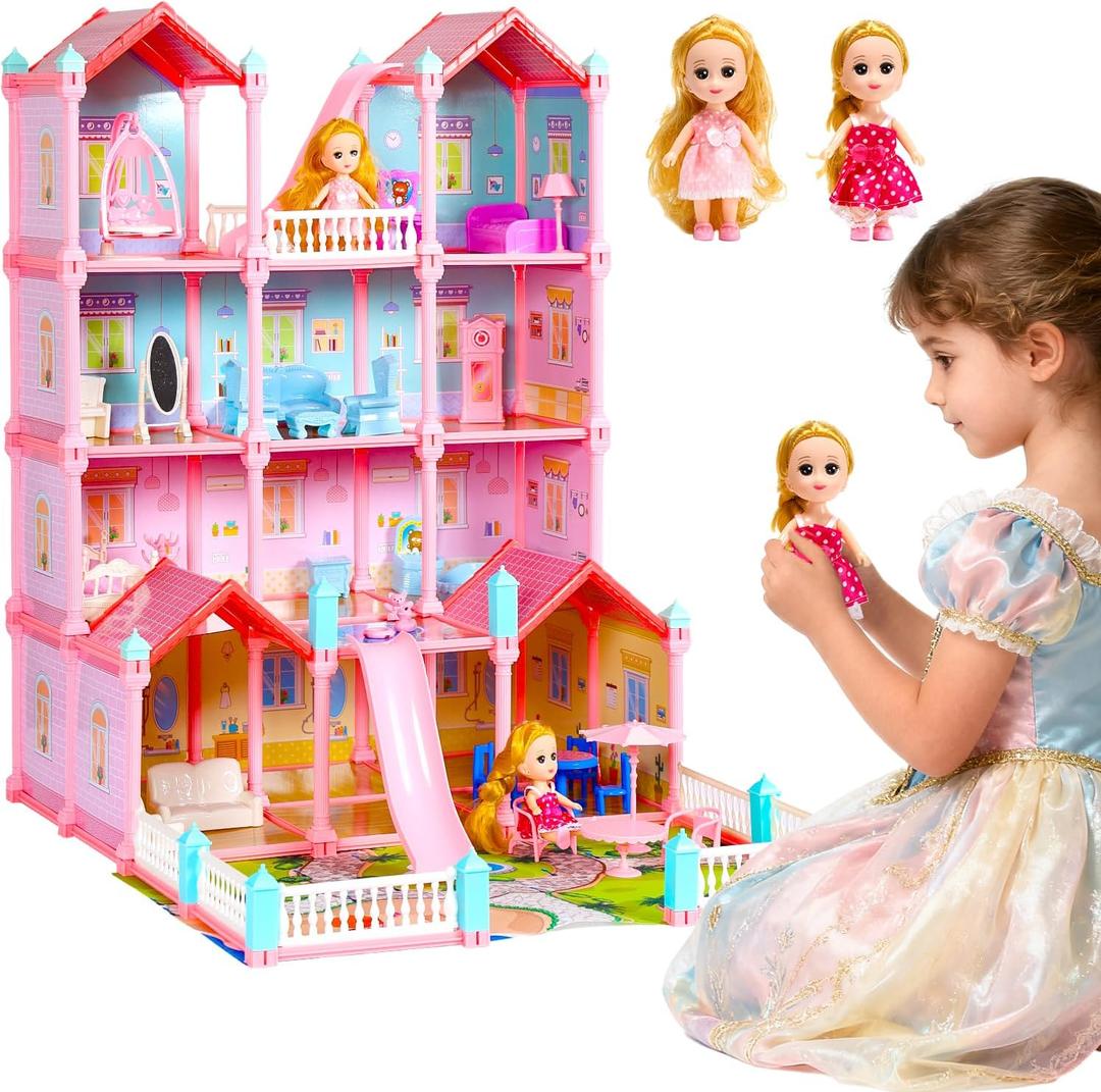 CUTE STONE Huge Dollhouse for Girls, Large Pretend Play Pink Doll House Gift for Kids