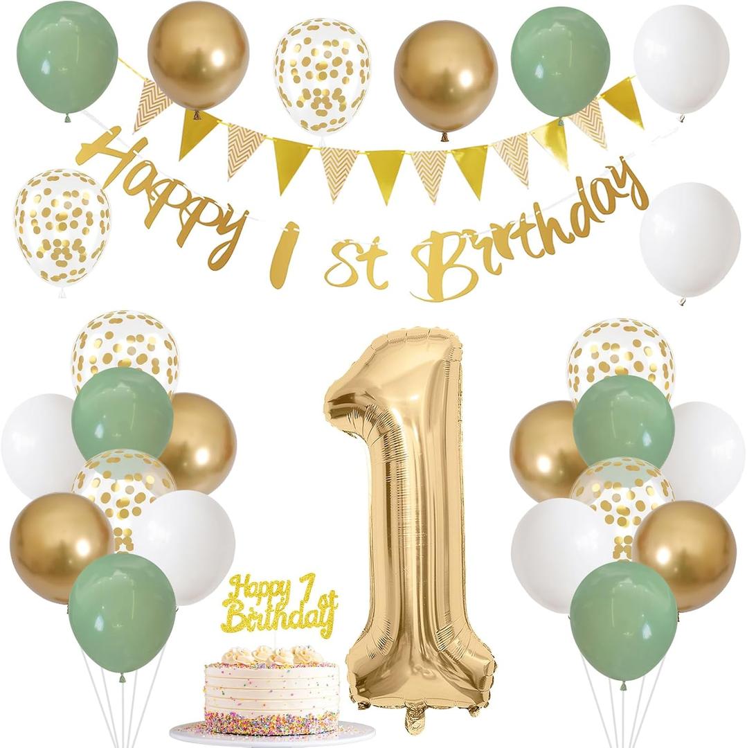 1st Birthday Decorations for Boys Girls, Sage Green White Gold Birthday Balloons with Happy 1st Birthday Banner First Birthday Cake Decoration Number 1 Balloon for Baby 1 Year Old Birthday Party Decor