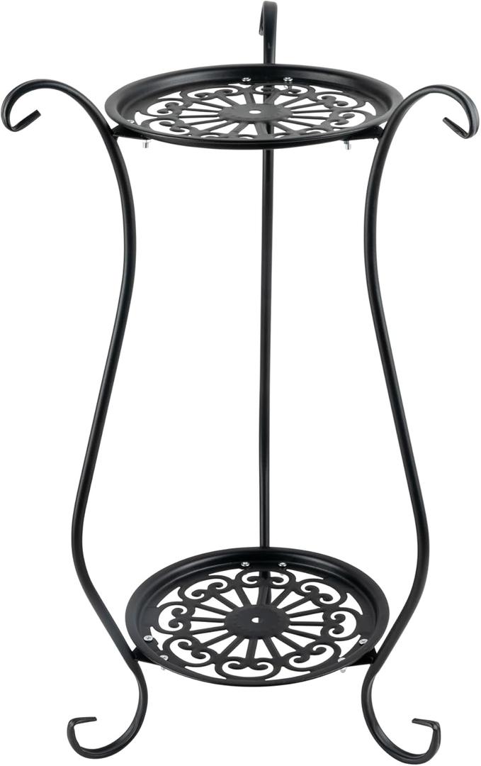 2-Tier Heavy Duty Metal Plant Stand | Round Indoor Outdoor Potted Plant Holder, Black Corner Display Shelf