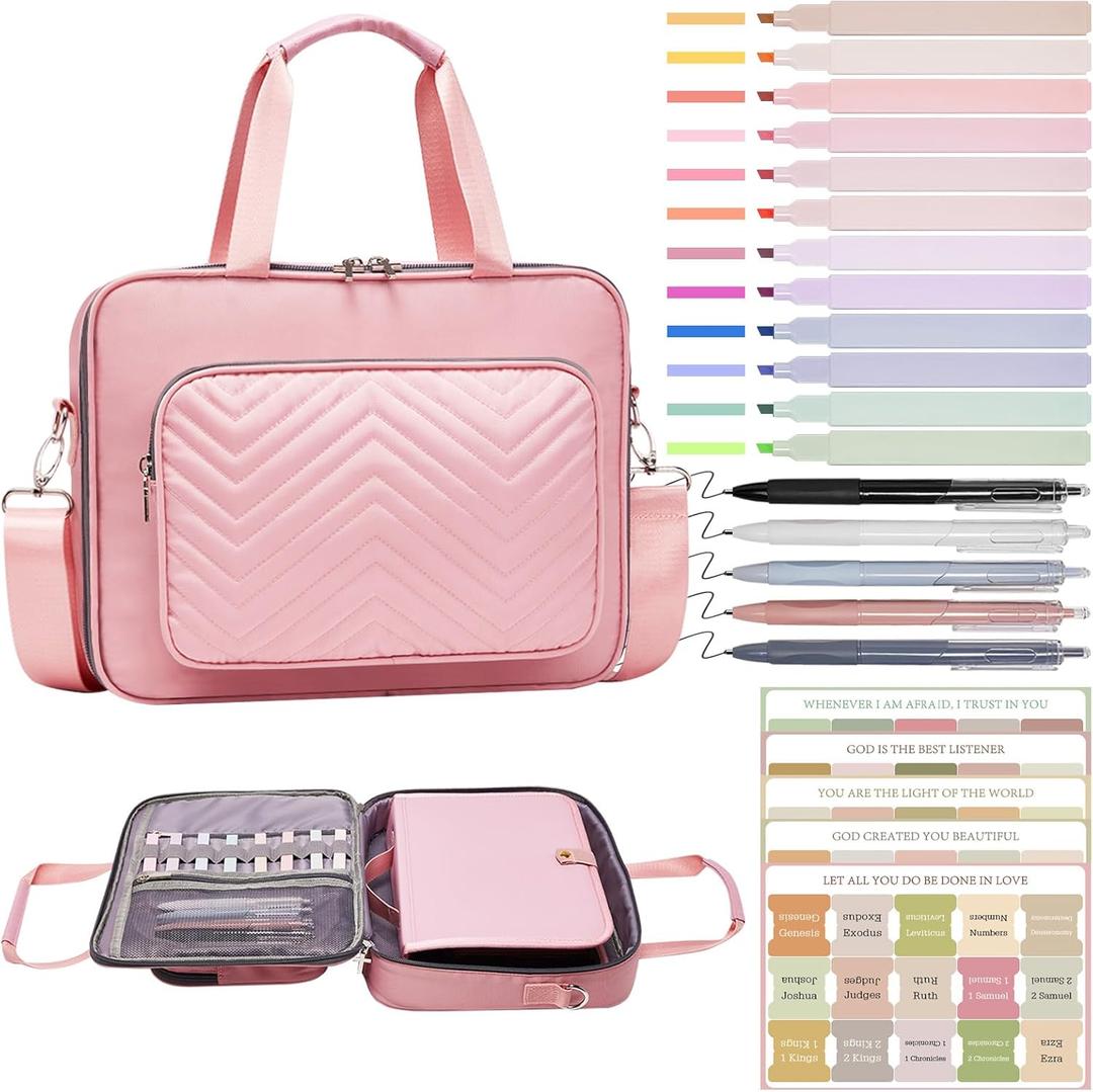 Waterproof Quilted Bible Cover with Leather Handle, Bible Study Supplies Includes 5 Black Pens, 12 Highlighters, 72 Tabs,Christian Gifts for Women(Pink)