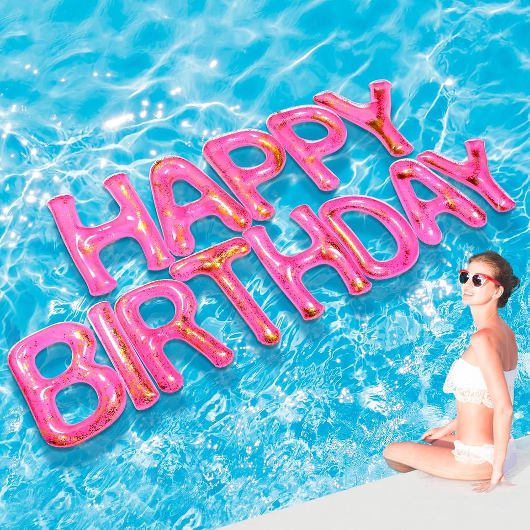 Shappy 20'' Happy Birthday Pool Large Floating Letter Balloons with Adhesive Dots Inflatable Pool Decorations for Summer Birthday Party (Pink)