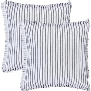 2 Pcs Classical Striped Throw Pillow Cover with Tassels Fringe Boho Decoration Cushion Cases for Home 20 x 20 Inch Navy Blue