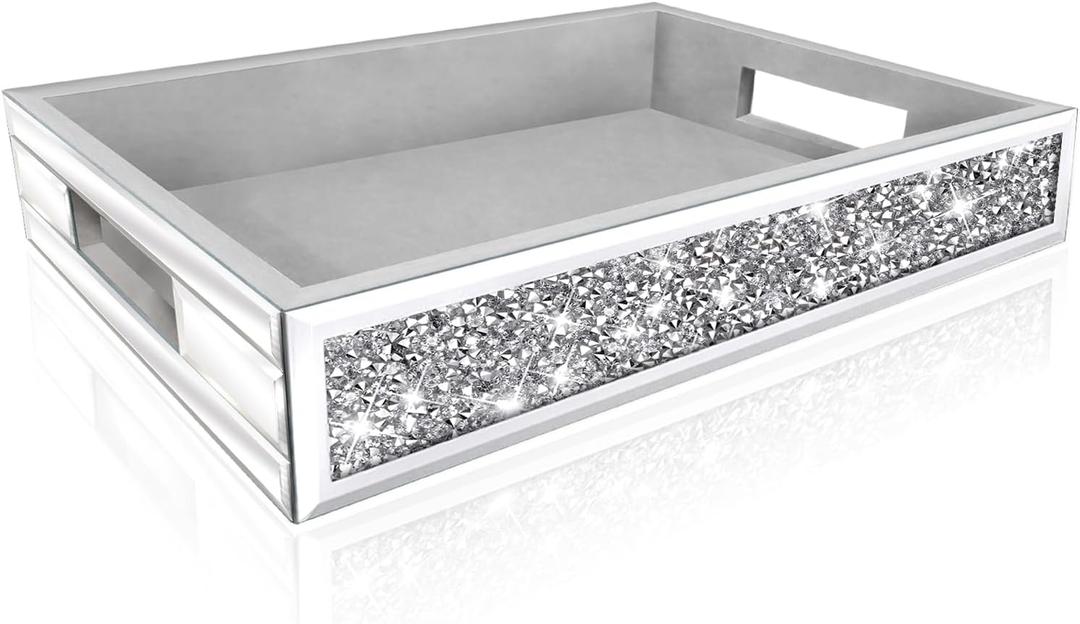 Wocred Mirror Perfume Tray fits Dresser Bedroom,Crushed Diamond Bathroom Tray with HandlesVanity Tray,Decorative Serving Tray for Coffee Table Decor(14x 10x 2.5) (Silver)
