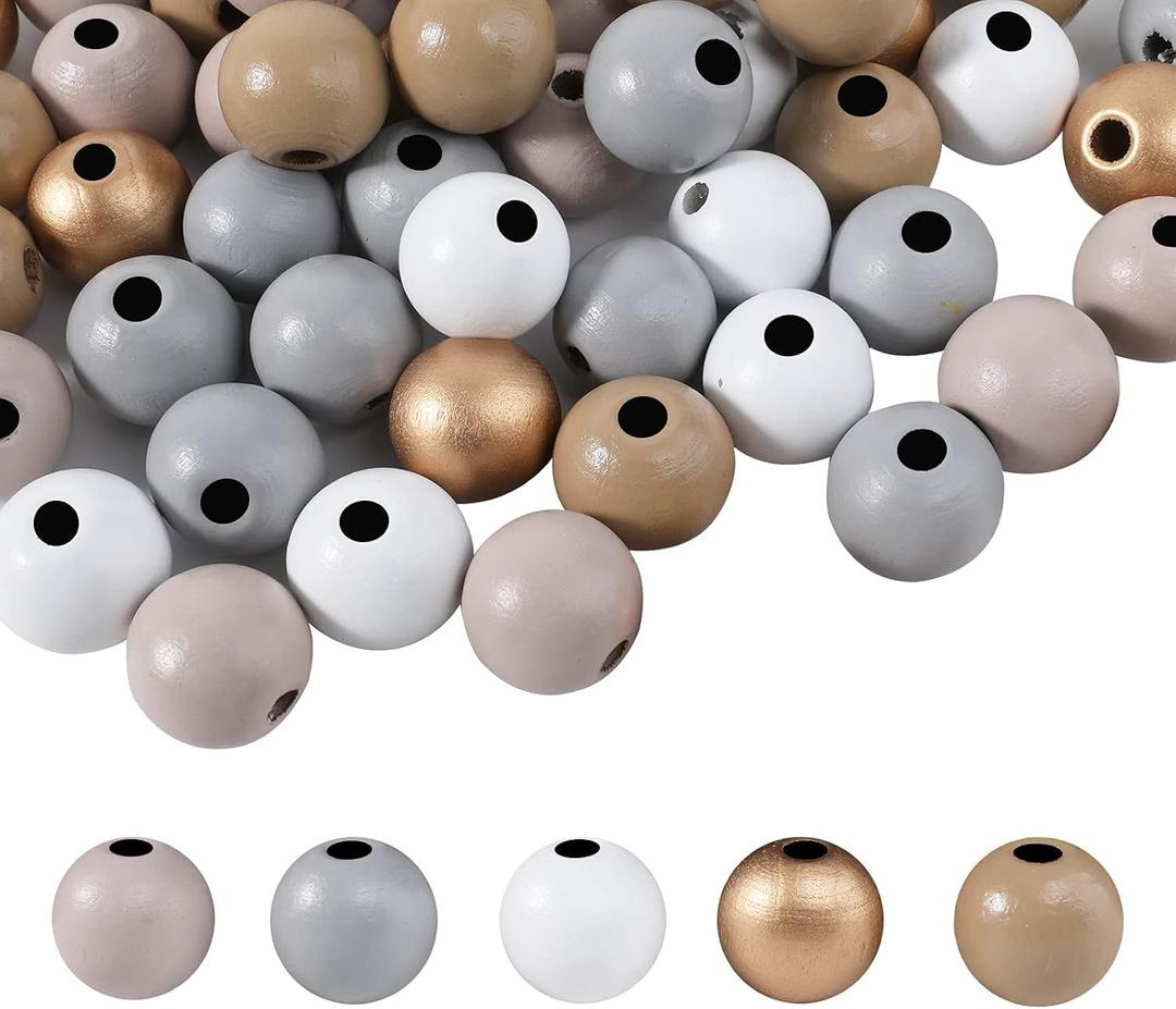 170PCS Fall Wooden Beads Autumn Craft 16mm Farmhouse Round Polished Color Thanksgiving Harvest Wooden Beads for Crafts with 7m Twine, Handmade DIY Fall Autumn Garland Making Home Decor (Grey Gold)