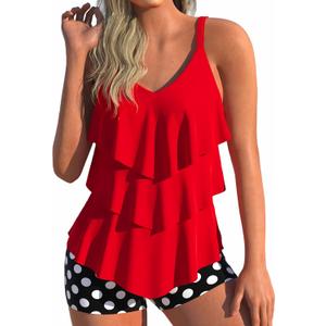 MODLILY Layered Ruffle Two Piece Tankini Swimsuits, Flowy Swimdress Handkerchief Hem, Slim Tank with Boyshorts (Large)