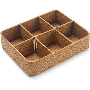 Tea Bag/Sugar Packet Holder, Coffee Station Condiment Organizer, Seagrass Storage Basket, Wicker Rattan Divided Basket Organizer for Drawer/Shelf/Countertop