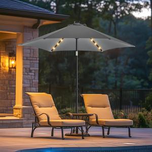 wikiwiki 7.5ft Solar Led Patio Umbrella, Sturdy Outdoor Market Umbrella for Deck, Pool, Garden w/Tilt, Crank, 18 LED Lights, Dark Gray
