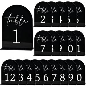 Arch Wedding Table Numbers 1-20 with Stands - Double-Sided Printed 5 x 7 Arch Acrylic Signs with Holder, Black Acrylic Table Numbers for Wedding Receptions, Parties, Anniversaries, Events