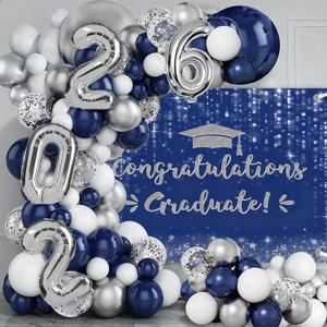 MEHOFOND Class of 2026 Graduation Balloon Arch Kit 152PCS Blue Silver Congrats Grad Decorations with 2026 Number Balloons for High School College Graduation Party Supplies