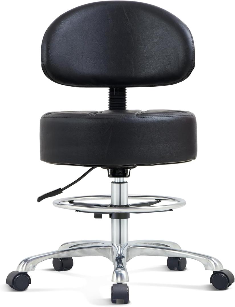Height Adjustable Rolling Shop Stool with Back Support - Kitchen Stool with Wheels Heavy Duty for Salon, Spa, Massage, Tattoo, Esthetician - Extra Thick for Extreme Comfort (Black)