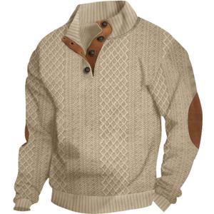 Men's Casual Sweatshirt Pullover Sweater Casual Long Sleeve Stand Collar Quarter Button Sweaters (XX-Large, Khaki)