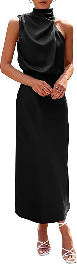 PRETTYGARDEN Women's 2024 Summer Satin Dress Elegant Sleeveless Mock Neck Cocktail Party Maxi Dresses S