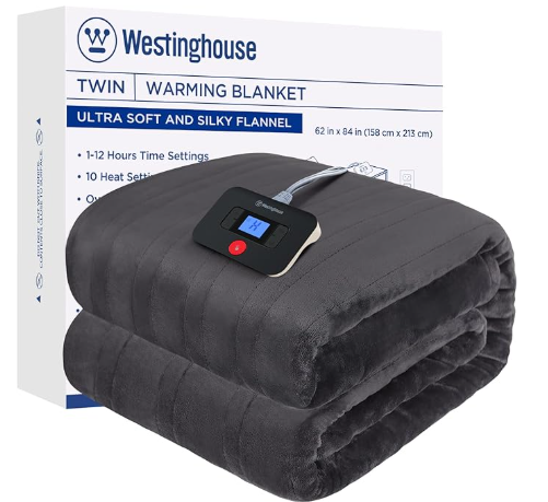 Westinghouse Electric Blanket Twin Size, Super Cozy Soft Flannel 62" x 84" Heated Blanket with 10 Fast Heating Levels & 1-12 Auto-Off, Machine Washable, ETL&FCC Certification, Charcoal