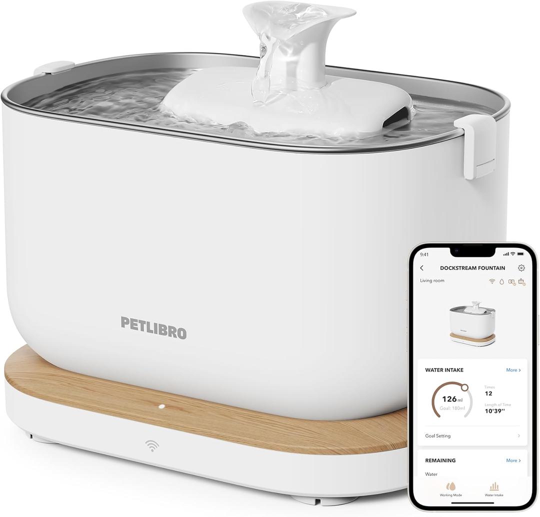 PETLIBRO Cat Water Fountain, App Monitoring Pet Fountains for Cats Indoor with Stainless Steel Tray, 2.5L/84oz Dockstream Automatic Water Dispenser for Drinking, 2.4G Wi-Fi Smart Bowl Inside (White)